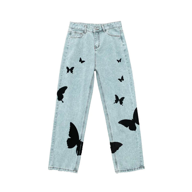 Butterfly Print Baggy Jeans – Unisex Loose Fit Streetwear Denim - EITRAM