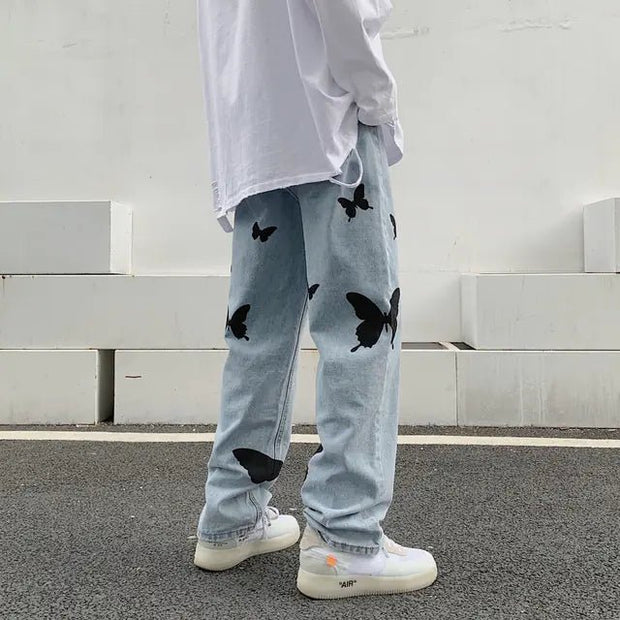 Butterfly Print Baggy Jeans – Unisex Loose Fit Streetwear Denim - EITRAM